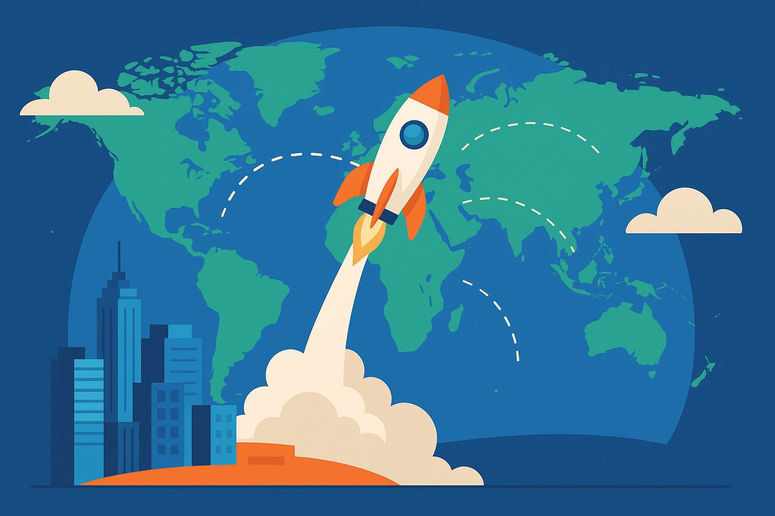 Cohete de startup despegando hacia mercados internacionales en un mapa global.
