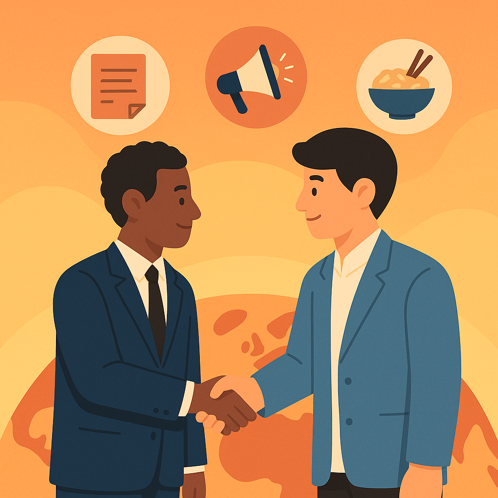 Emprendedores internacionales sellando una alianza con iconos de negocio alrededor.