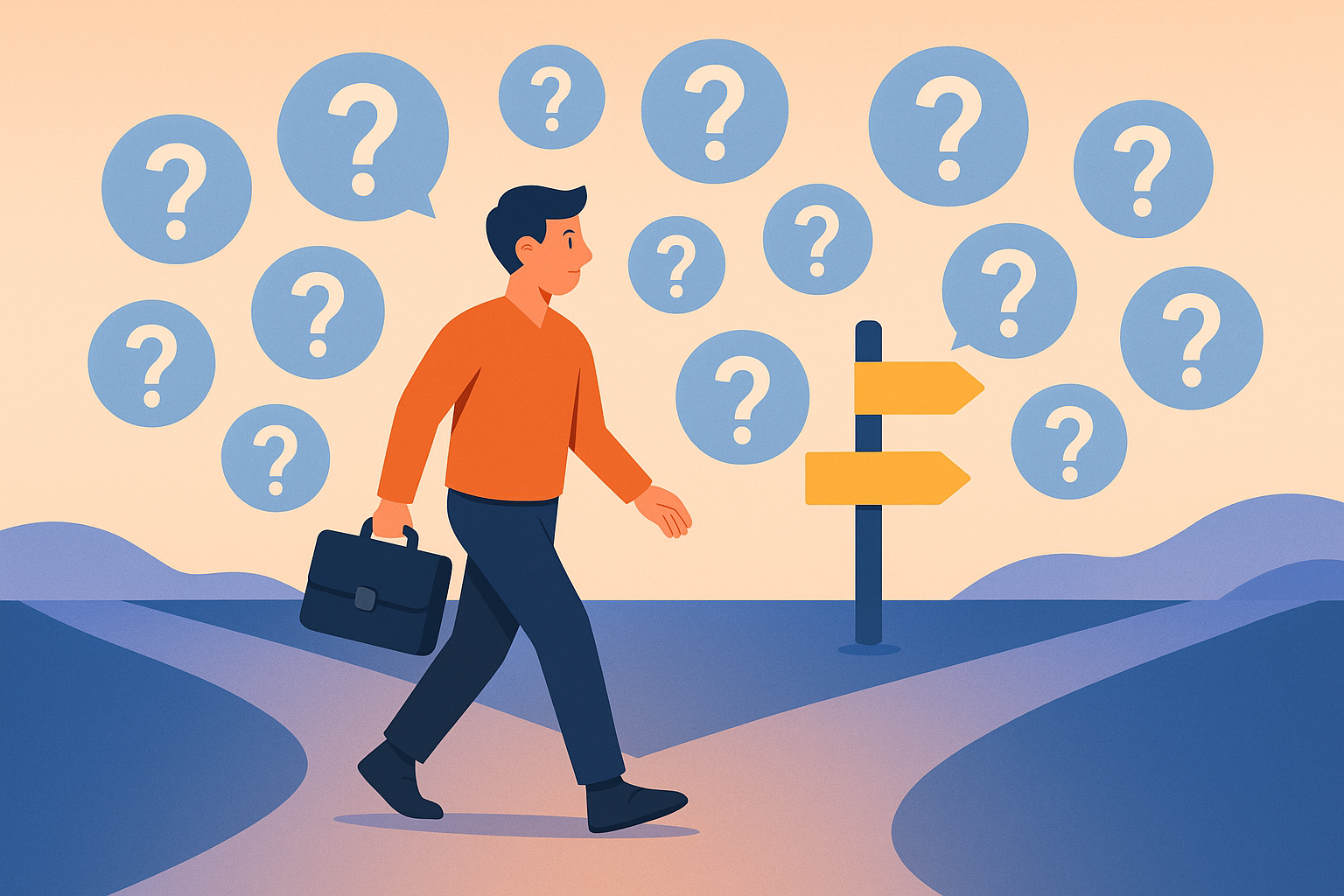 Emprendedor en un cruce de caminos con varias preguntas flotando.