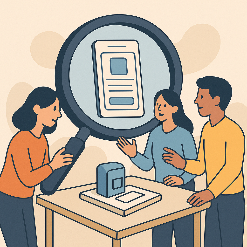 Grupo analizando un prototipo con lupa para validar una idea de negocio.