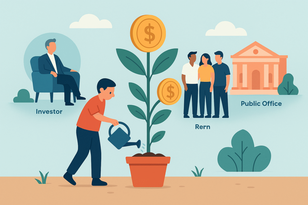 Emprendedor regando una planta con monedas que crece con apoyo financiero