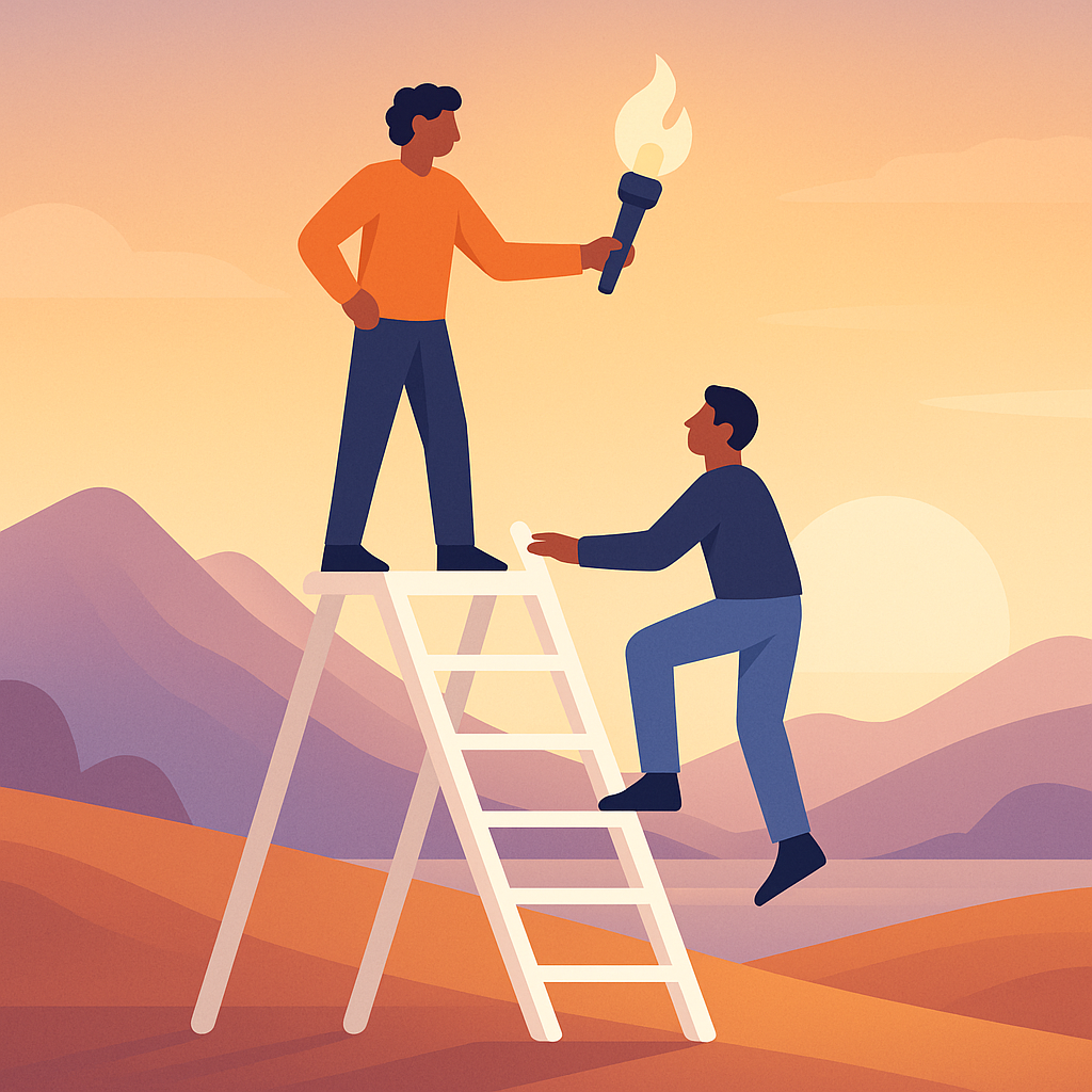 Emprendedor en lo alto de una escalera iluminando el camino de otro.