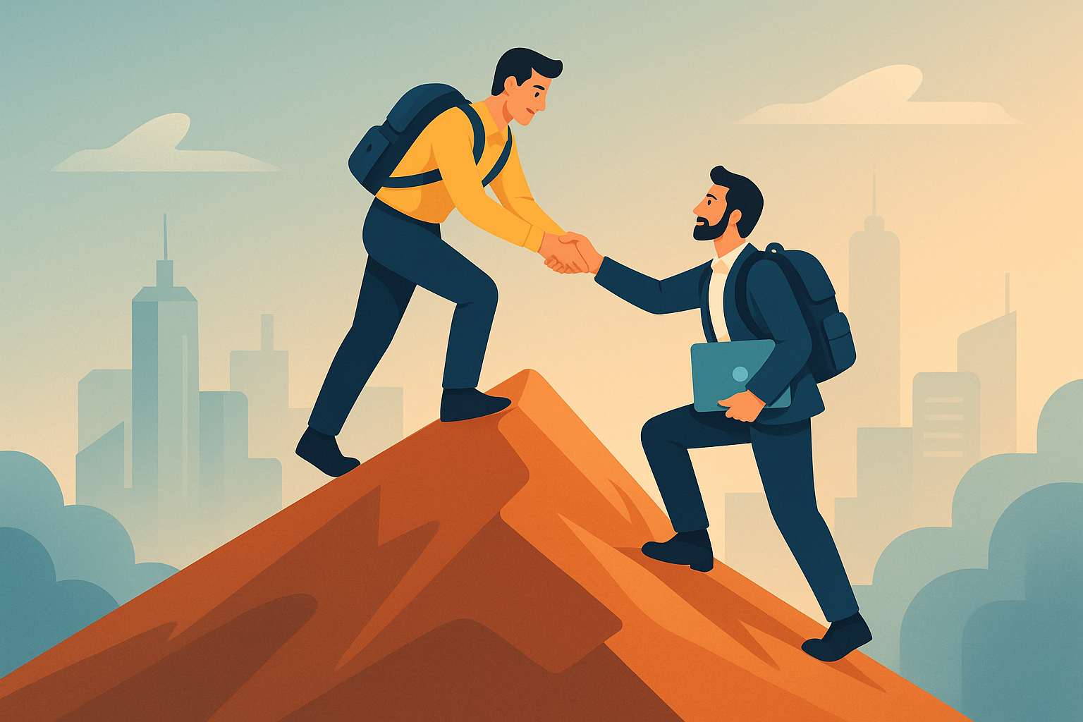 Dos cofundadores subiendo juntos una montaña simbolizando el reto de una startup