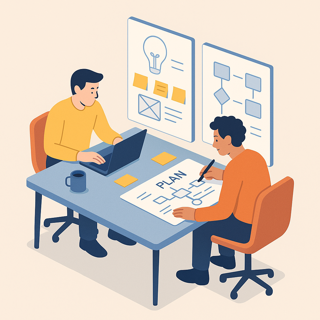 Dos cofundadores trabajando en equipo en una mesa de trabajo con ordenador y notas.