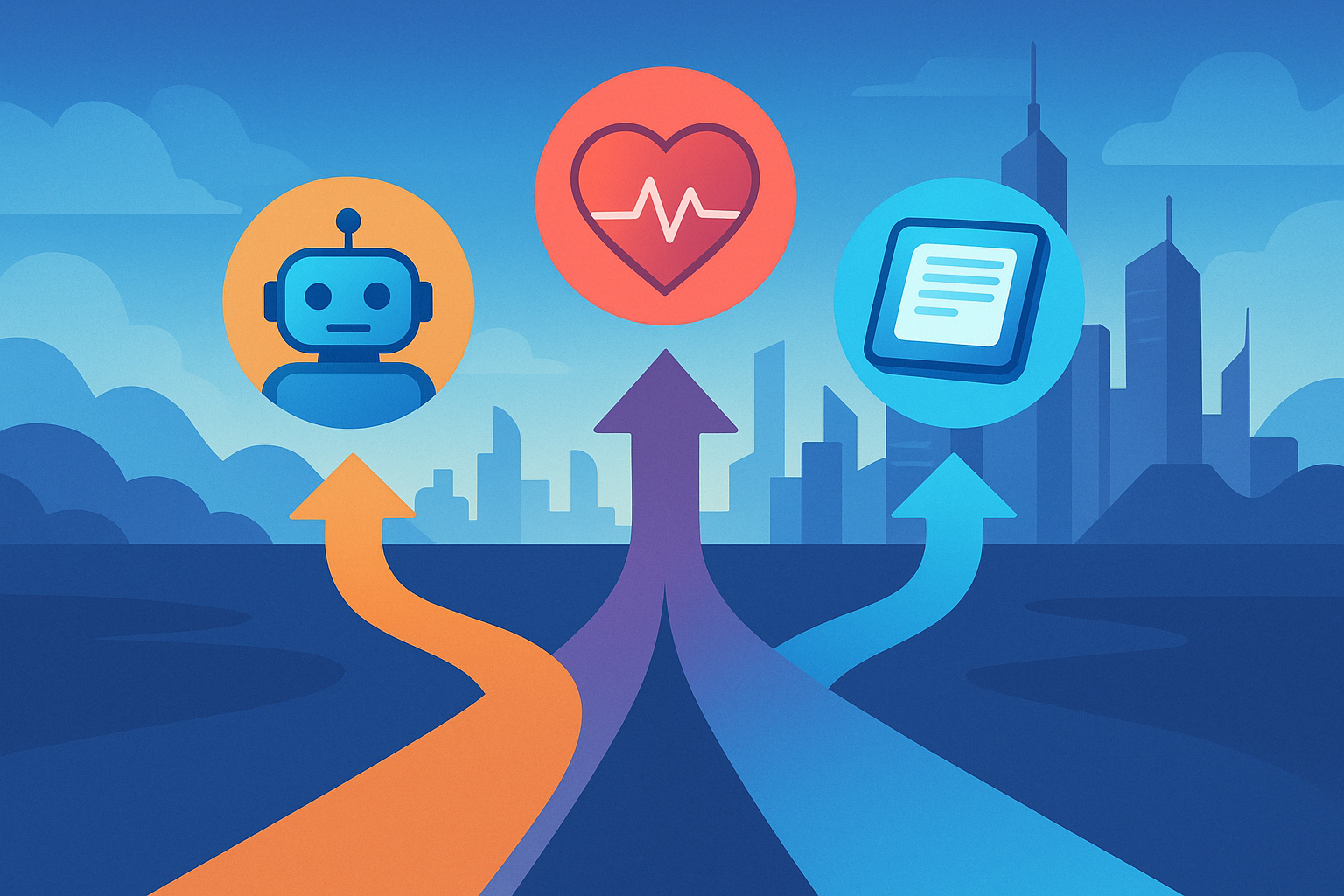 Tres caminos hacia el futuro con iconos de IA, salud digital y educación.