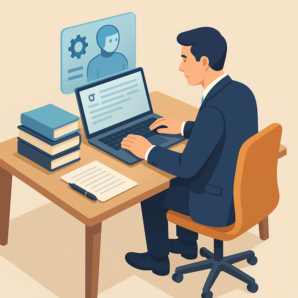 Profesional usando un asistente de inteligencia artificial para su trabajo.