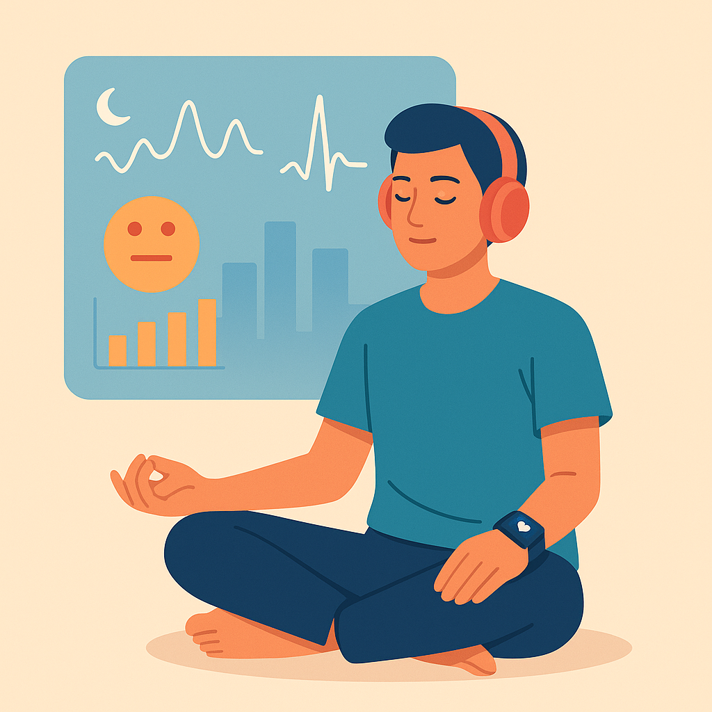 Usuario meditando con wearables que muestran datos de salud digital.
