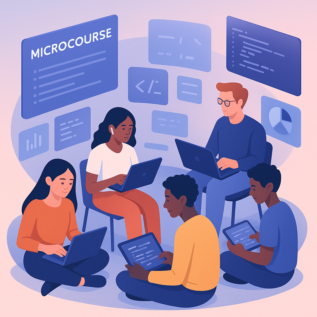 Estudiantes aprendiendo en un entorno digital con microcursos especializados.