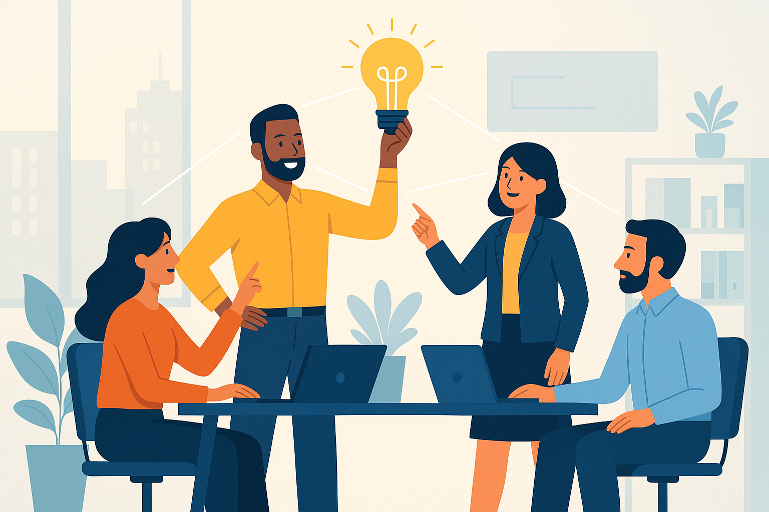 Equipo colaborando mientras un intraemprendedor comparte una idea innovadora.